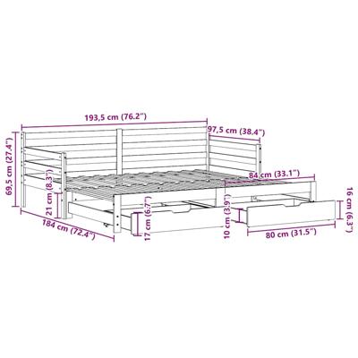 Slaapbank met onderschuifbed en lades zonder matras 80x200 cm - thumbnail