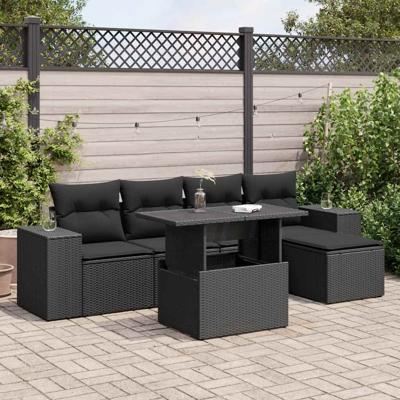 6-delige Loungeset met kussens poly rattan zwart - thumbnail