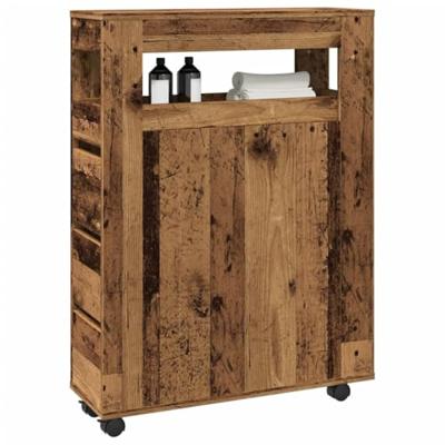 Badkamerkast smal met wielen bewerkt hout oud houtkleurig