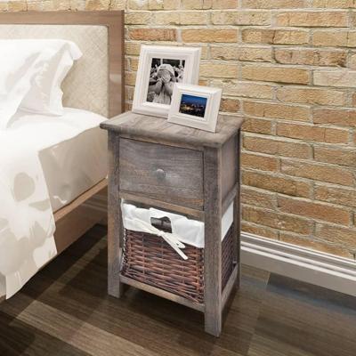 Nachtkastje hout bruin met lade en gevlochten mand