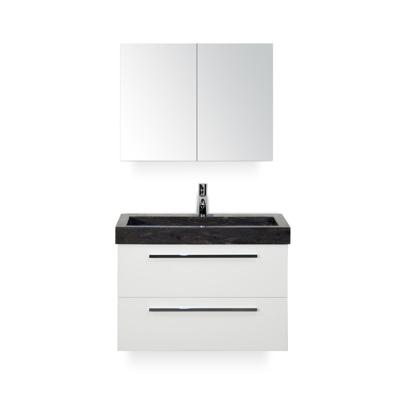 Seville Badmeubelset 80 cm - Wit Hoogglans - Wastafel Hardsteen Wit Lucca - met Spiegelkast