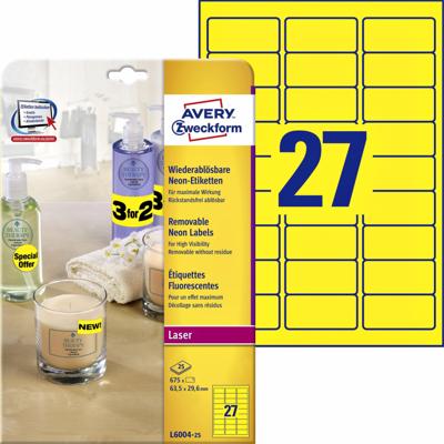 Etiket Avery L6004-25 63.5x29.6 neon geel 675 etiketten | 5 stuks