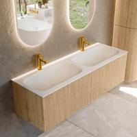 Mondiaz KURVE 140 cm Onderkast Greeploos 2 Lades Zonder Deuren Oak, Wastafel Solid Surface Dubbel Talc 2 Kraangaten Zonder Spiegel (KRVBGS1402L0D2KD-Oak/Tal) - thumbnail