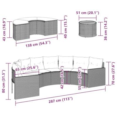 3-delige Loungeset halfrond poly rattan zwart