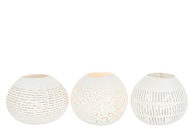 J-Line theelichthouder Kokosnoot Lijnen - jute - wit - 3 stuks