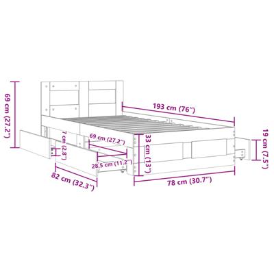 Bedframe met hoofdbord bewerkt hout gerookt eiken 75x190 cm