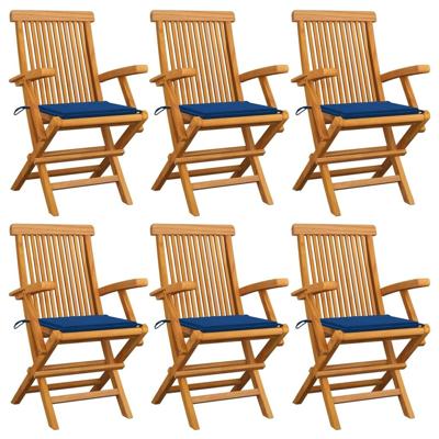 Tuinstoelen 6 st met koningsblauwe kussens massief teakhout