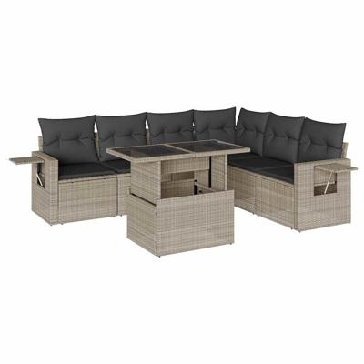 7-delige Loungeset met kussens poly rattan lichtgrijs