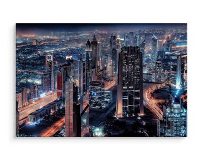 Schilderij - Dubai bij nacht, prachtig overzicht, 4 maten, premium print