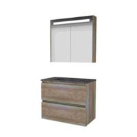 Basic-Line Premium 46 Badkamermeubelset - 80 x 46 cm - Greeploos - 2 Lades - Hardstenen Wastafel - 1 Kraangat - Spiegelkast met LED Verlichting - Scotch Oak - thumbnail