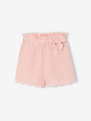 Short met ruches voor meisjes van katoenen gaas lichtroze