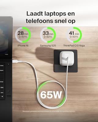 Belkin USB-C oplader 65 W - usb c charger, wandlader, Type C telefoonlader - Compatibel met Apple iPhone 16/15/14/13, Galaxy S25, Google Pixel 9, MacBook, iPad, AirPods, Chromebook en meer- Wit