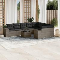 10-delige Loungeset met kussens poly rattan grijs - thumbnail