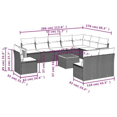 10-delige Loungeset met kussens poly rattan zwart