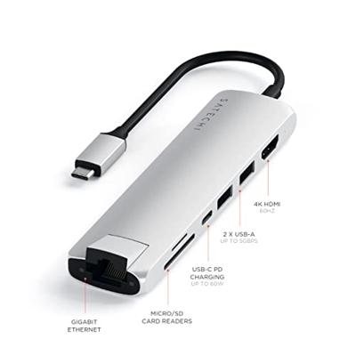 SATECHI USB-C Slank Multipoort Adapter Met Ethernet, 4K HDMI, 60W USB-C PD Opladen, 2 USB-A, SD/Micro Kaartlezers - Voor M2/ M1 Macbook Pro/Air, M2/ M1 iPad Pro/Air, M2 Mac Mini, iMac M1 (Zilver)