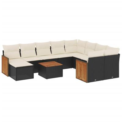 11-delige Loungeset met kussens poly rattan zwart