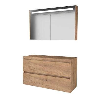 Basic-Line Premium 46 Badkamermeubelset - 120 x 46 cm - Greeploos - 2 Lades - Wastafelblad - Spiegelkast met LED Verlichting - Whisky Oak
