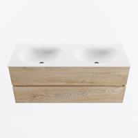 MONDIAZ VICA 120cm badmeubel onderkast Washed Oak 2 lades. Wastafel MOON dubbel zonder kraangat, kleur Talc. - thumbnail