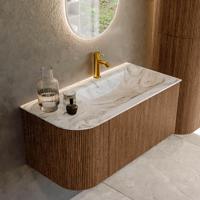 Mondiaz KURVE-DLUX 95 cm Onderkast Greeploos 1 Lade Met Deuren Walnut, Wastafel Solid Surface Rechts Glace 1 Kraangat Zonder Spiegel (KRVBGS95L1L1D1KR-Wal/Gla) - thumbnail