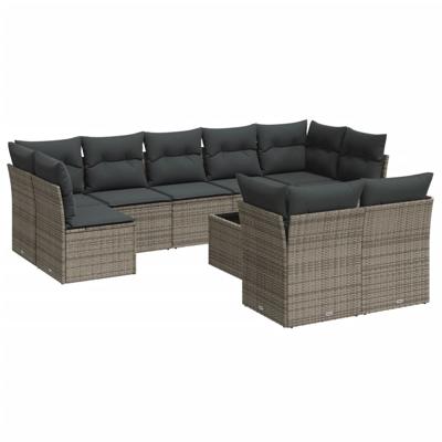 9-delige Loungeset met kussens poly rattan grijs - thumbnail