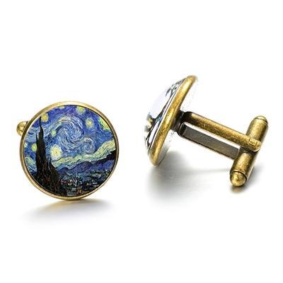 1 paar Fashion Van Gogh kunst schilderij serie Manchetknopen Van Gogh Starry nacht kristal glas Cabochon Cufflinks(Gold)