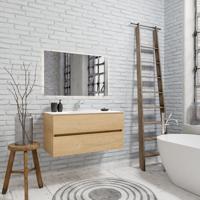 Zaro Valencia Solid Surface badmeubel 100cm licht eiken 1 kraangat spoelbak midden met 2 lades - thumbnail