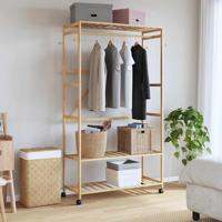 Kledingrek met schappen en wielen 110x40x180 cm bamboe - thumbnail