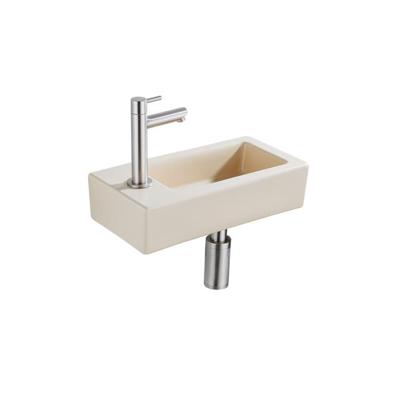 QeramiQ Fuente Fonteinset - 37.5x18.5x9cm - keramiek - kraangat links - fonteinkraan geborsteld RVS - afvoerplug - verlaagd sifon - Mat Beige SW1122452/SW696207/SW696217/SW696237