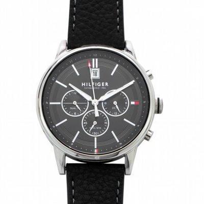 Tommy Hilfiger Herenhorlogemet zwarte leren band, 43 mm Tommy Hilfiger Herenhorlogemet zwarte leren band, 43 mm