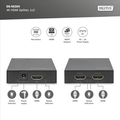 Digitus DS-46304 2 poorten HDMI-splitter 3D-weergave mogelijk, Met metalen behuizing 4096 x 2160 Pixel Zwart Digitus DS-46304 2 poorten HDMI-splitter 3D-weergave mogelijk, Met metalen behuizing 4096 x 2160 Pixel Zwart