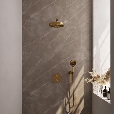 Brauer Stripe thermostatische inbouw regendouche 3-weg rond SET 40 met 25 cm douchekop en rechte muurarm en 3-standen handdouche en doucheslang en wandaansluitbocht goud geborsteld PVD