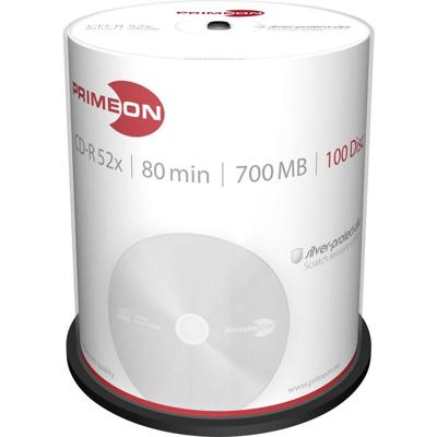 Primeon 2761103 CD-R 80 disc 700 MB 100 stuk(s) Spindel Mat zilver oppervlak Primeon 2761103 CD-R 80 disc 700 MB 100 stuk(s) Spindel Mat zilver oppervlak