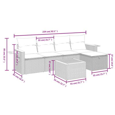 5-delige Loungeset met kussens poly rattan grijs - thumbnail