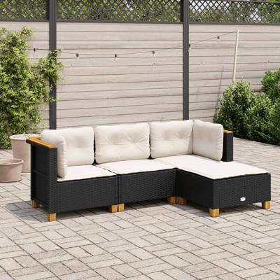 4-delige Loungeset met kussens poly rattan zwart - thumbnail