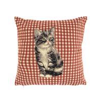 Gobelin Kussen Grijze  Kat - Rode Ruit 32x32cm - thumbnail