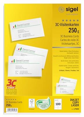 Sigel LP800 Bedrukbare visitekaarten, gladde kant 85 x 55 mm Helderwit 100 stuk(s) Papierformaat: DIN A4 Sigel LP800 Bedrukbare visitekaarten, gladde kant 85 x 55 mm Helderwit 100 stuk(s) Papierformaat: DIN A4