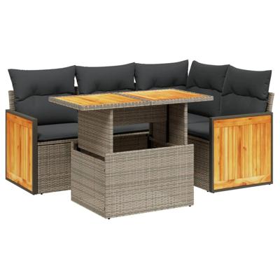 5-delige Loungeset met kussens poly rattan acacia grijs