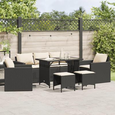 6-delige Loungeset met kussens poly rattan zwart