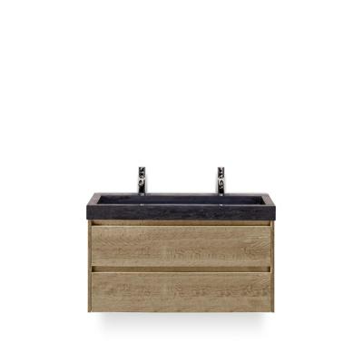 Dante Badmeubelset 100 cm - Natuur Eiken - Wastafel Hardsteen Wit Lucca 2 kraangaten