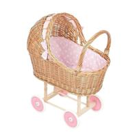 Rieten poppenwagen met kap - Roze met witte stip - Kunststof wielen - thumbnail