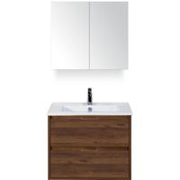 Porto Badmeubelset 70 cm - Walnoot - Keramische Wastafel Wit Slim met Spiegelkast - thumbnail