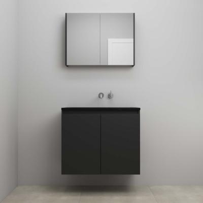 On-Line Badkamermeubelset - 80 cm - Bouwpakket - Greeploze Ladestructuur - Acryl Wastafel - zonder Kraangat - Spiegelkast - Mat Zwart