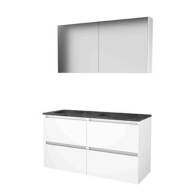 Basic-Line Comfort 46 Badkamermeubelset - 120 x 46 cm - Greeploos - 4 Lades - Hardstenen Wastafel - 2 Kraangaten - Spiegelkast - Ice White