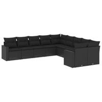 10-delige Loungeset met kussens poly rattan zwart - thumbnail