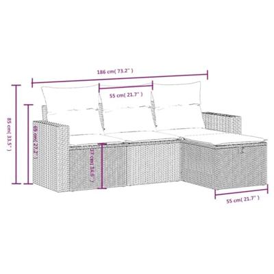 4-delige Loungeset met kussens poly rattan zwart