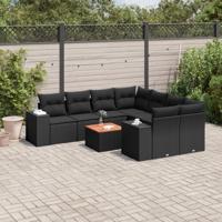 9-delige Loungeset met kussens poly rattan zwart - thumbnail