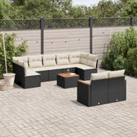 10-delige Loungeset met kussens poly rattan zwart - thumbnail