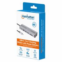 MANHATTAN 7-in-1 dockingstation USB C mannelijk naar HDMI vrouwelijk 4K30Hz 2X USB-A 5Gbps Gigabit RJ45 USB-C PD 87W kaartlezer - thumbnail