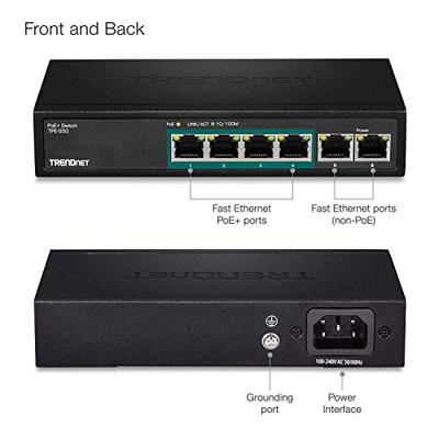 TRENDnet TPE-S50 6-Port Fast Ethernet PoE + -switch, 4 x Fast Ethernet PoE + poorten, 2 x Fast Ethernet-poorten, 60 W PoE Budget, Ethernet-netwerkschakelaar, metaal, zwart