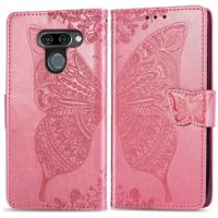 Vlinder liefde bloemen reliëf horizontale Flip lederen case voor LG K50 met houder & card slots & portemonnee & Lanyard (roze) - thumbnail